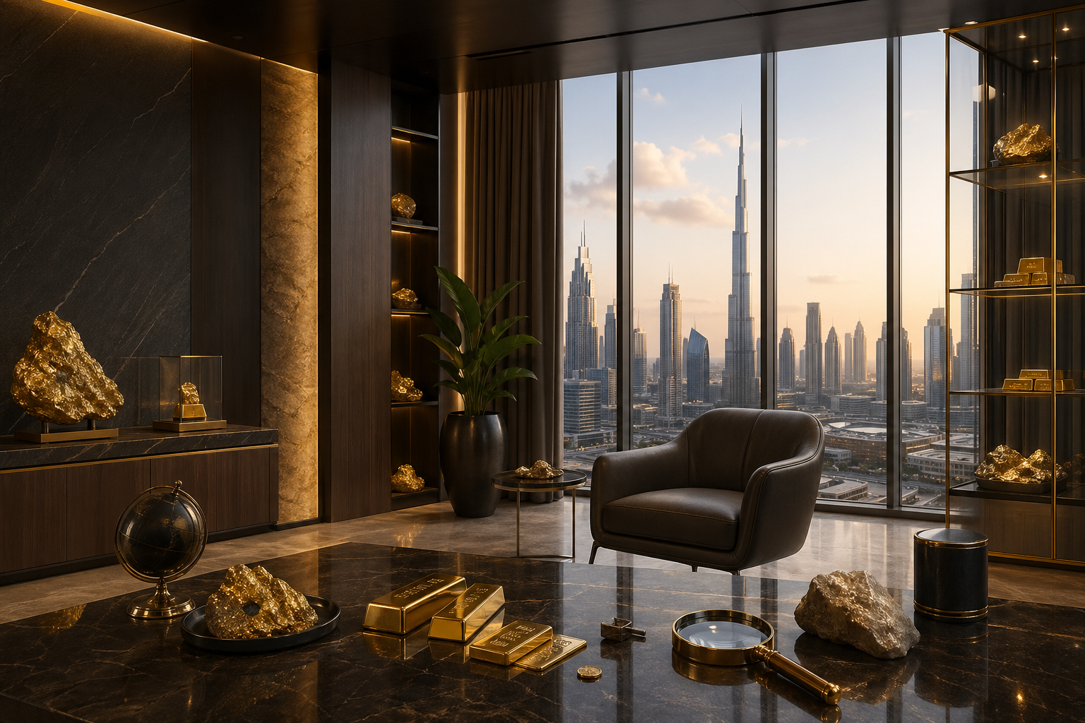 Elegant Dubai trading office with precious metal displays and skyline view