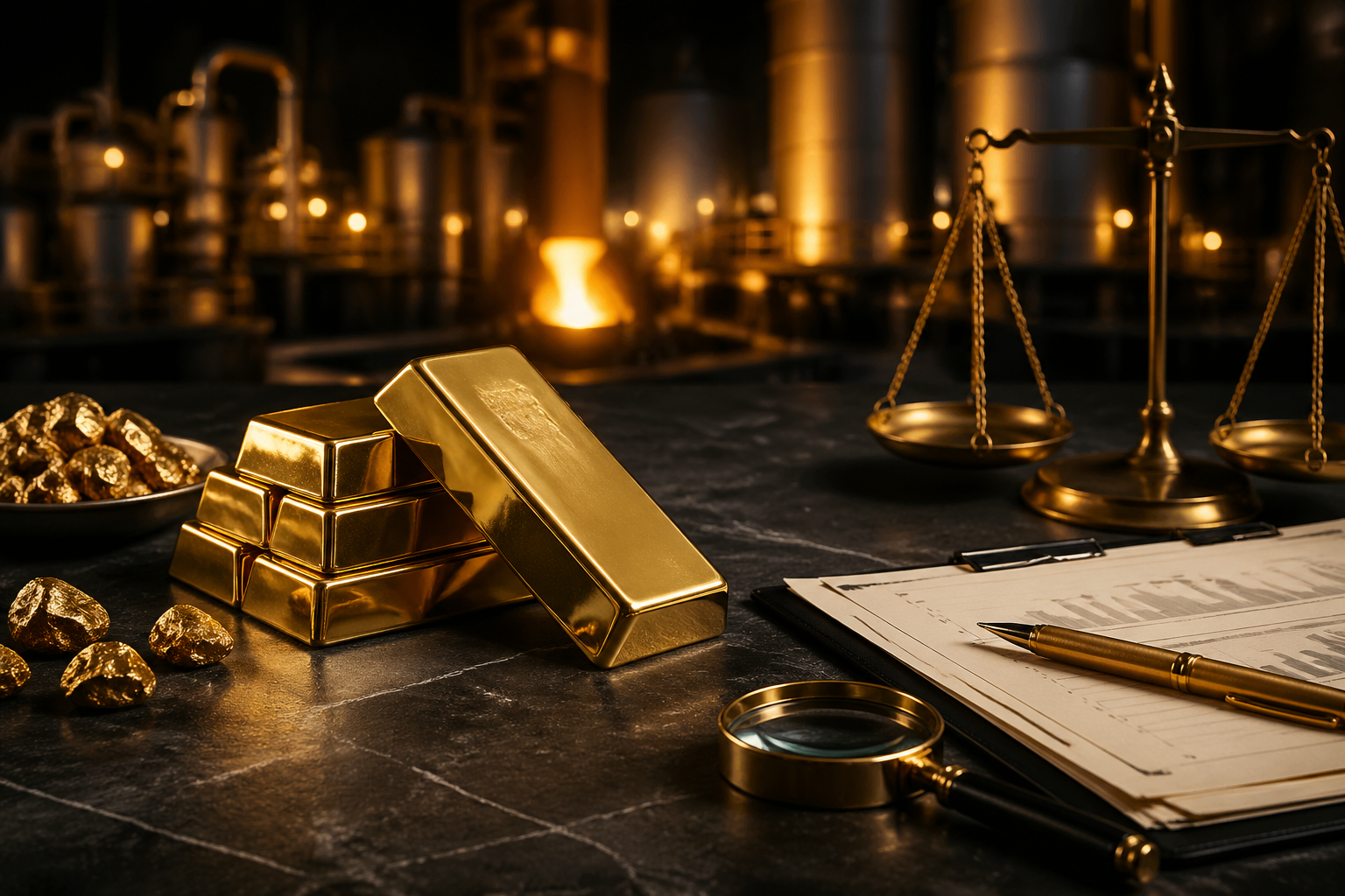 Gold bars and trading materials arranged in a premium refinery setting