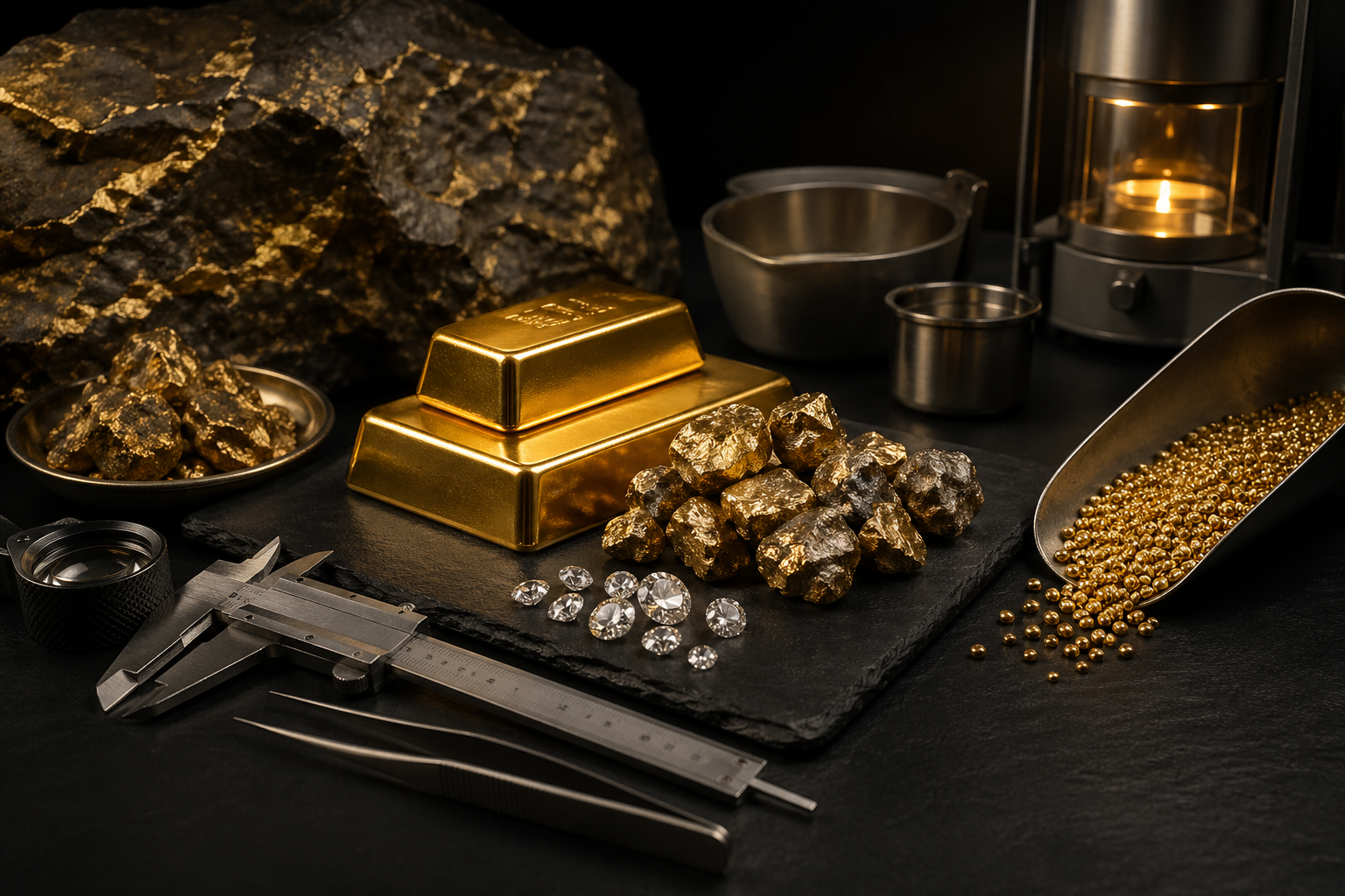 Gold, diamonds, and precision tools displayed in a refinery service setting